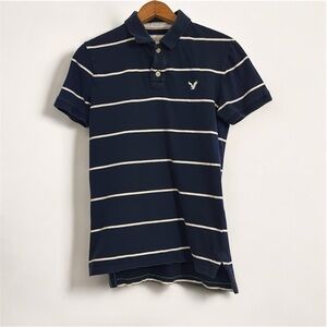 American Eagle Outfitters Navy and White Striped Polo Shirt